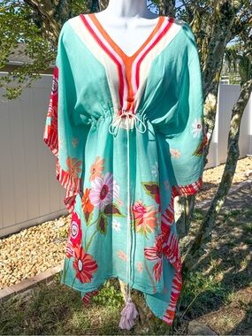 Spartina 449 Floral Kaftan Tunic Dress Linen Blend O/S